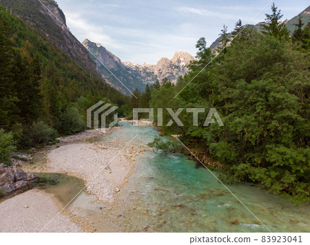 Magical turquoise color of Soca river, Slovenia Magical turquoise color of Soca river, Slovenia 83923041