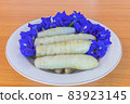 West Indian Arrowroot,Maranta arundinacea,Canna indica,Australian arrowroot with Blue Pea, Butterfly Pea,flower,Thailand herb on the plate. 83923145