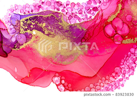 Watercolor pink bubbles texture. Circles aquarelle pattern with gold dust. 83923830
