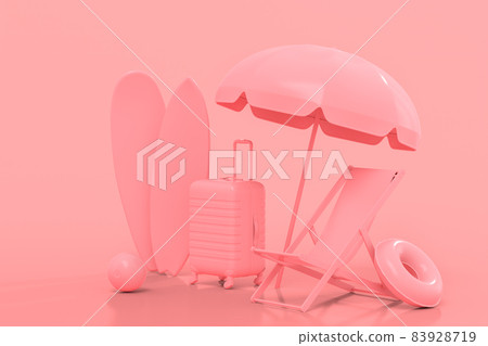 Suitcase with beach chair and surf board on monochrome pink background. 3D render of summer vacation concept and holidays 83928719