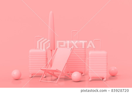 Suitcase with beach ball, umbrella and chair on monochrome pink background. 3D render of summer vacation concept and holidays 83928720