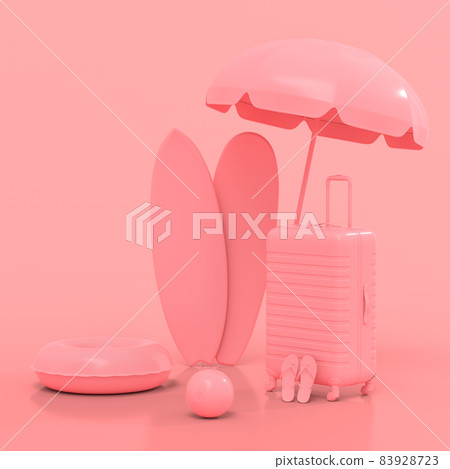 Suitcase with beach ball and surf board on monochrome pink background. 3D render of summer vacation concept and holidays 83928723