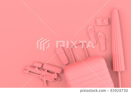 Monochrome suitcase or baggage with beach accessories like flip flops, water gun, sunscreen and umbrella on pink background. 3D render of summer vacation concept and holidays 83928730