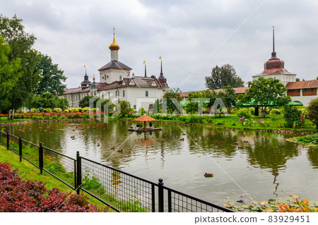 Church of St. Nicholas the Wonderworker and garden pond in Tolga convent in Yaroslavl, Russia Church of St. Nicholas the Wonderworker and garden pond in Tolga convent in Yaroslavl, Russia 83929451