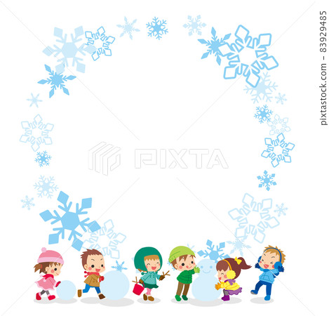 可愛的孩子們玩堆雪人的插圖雪花框架複製空間模板 83929485