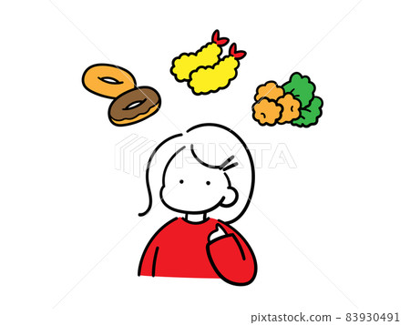Simple and fashionable line art illustration of a girl who wants to eat fried food 83930491