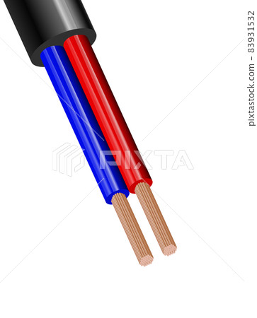 Flexible two-wire electrical copper cable isolated on white background. Copper multicore cable with double color insulation. Close-up of the cross section. Power wire. 83931532