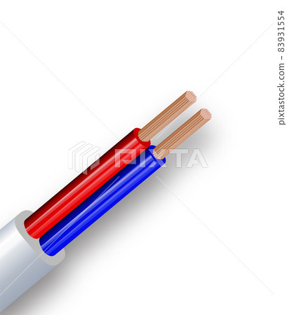 Flexible two-wire electrical copper cable isolated on white background. Copper multicore cable with double color insulation. Close-up of the cross section. Power wire. Vector illustration Flexible two-wire electrical copper cable isolated on white background. Copper multicore cable with double color insulation. Close-up of the cross section. Power wire. Vector illustration 83931554