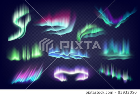 Realistic aurora. Northern sky lights. Arctic and Antarctic polar night with glowing celestial effects mockup. Abstract iridescent curve lines. Vector color atmosphere phenomenon set Realistic aurora. Northern sky lights. Arctic and Antarctic polar night with glowing celestial effects mockup. Abstract iridescent curve lines. Vector color atmosphere phenomenon set 83932050
