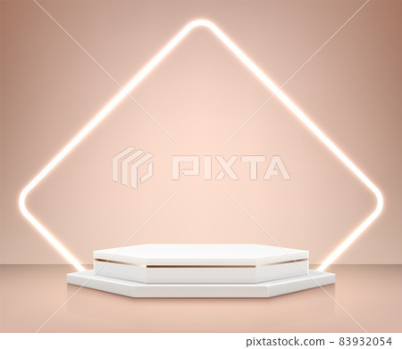 Realistic platform backdrop. Presentation background with empty geometric podium for product advertising. Minimal abstract exhibition stand with glowing frame. Vector 3D blank showcase Realistic platform backdrop. Presentation background with empty geometric podium for product advertising. Minimal abstract exhibition stand with glowing frame. Vector 3D blank showcase 83932054