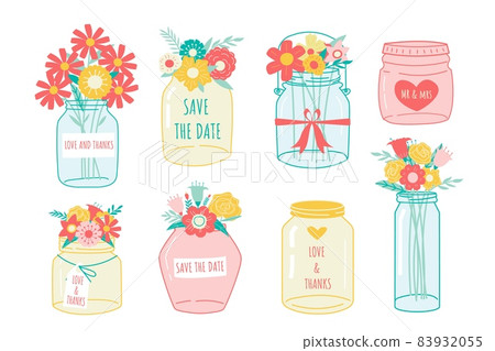 Jar with flower. Hand drawn wedding mason vase with blossom. Romantic floral decorative elements set for marriage greeting card or invitation. Vector glass pot for summer blooming plants 83932055