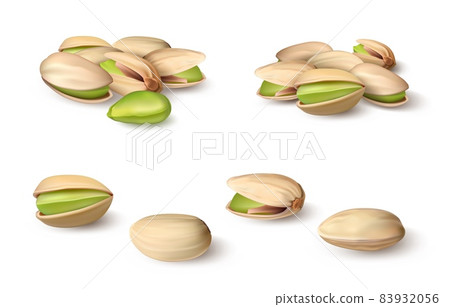 Realistic pistachio. 3D natural organic vegan nut macro graphic template for food packages and advertising. Isolated healthy nutty product. Green seed in shell. Vector plant snacks set Realistic pistachio. 3D natural organic vegan nut macro graphic template for food packages and advertising. Isolated healthy nutty product. Green seed in shell. Vector plant snacks set 83932056