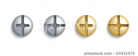 Realistic screw head. Stainless steel rivets. Silver or golden nails with cross carving. Zinced fastening. Construction or repair tools. Hardware elements set. Vector metal nut tops 83932073