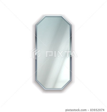 Realistic mirror with metal frame. Room furnishing element. Reflective surface in silver frame. Isolated bathroom and bedroom furniture. Geometric framework. Vector wall decoration Realistic mirror with metal frame. Room furnishing element. Reflective surface in silver frame. Isolated bathroom and bedroom furniture. Geometric framework. Vector wall decoration 83932074