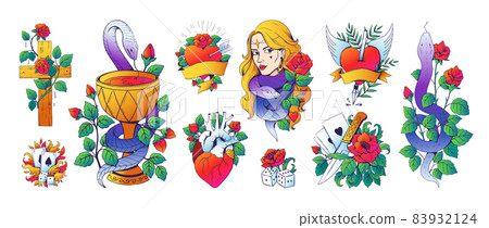 Vintage tattoo. Cartoon retro flash prints with colored elements. American graphic body drawing style. Roses and knifes. Playing cards and serpent sketch. Vector tattooing templates set Vintage tattoo. Cartoon retro flash prints with colored elements. American graphic body drawing style. Roses and knifes. Playing cards and serpent sketch. Vector tattooing templates set 83932124