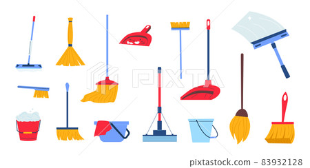 Broom and mop. Doodle cleaning tools and housekeeping supplies. Cartoon household dustpan and sweeping broomstick with scoop. Isolated housework bucket. Vector cleanup equipment set 83932128