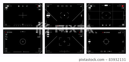 Camera viewfinder. Video record and photography shoot. DSLR screens. Digital camcorder interface. Focusing frame mockup with adjustment buttons. Vector film and photo blank windows set 83932131