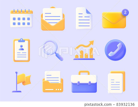 Realistic business icons. 3D calendar document form. Contact papers. Mail message. Envelope or call plastic signs. Isolated magnifier and folders. Computer interface vector elements set Realistic business icons. 3D calendar document form. Contact papers. Mail message. Envelope or call plastic signs. Isolated magnifier and folders. Computer interface vector elements set 83932136