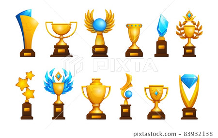 Cartoon trophy cup. Golden winning prize for sport competitions. Gold award with crystals. Championship isolated winner rewards elements. Victory triumph. Vector glossy metal gifts set Cartoon trophy cup. Golden winning prize for sport competitions. Gold award with crystals. Championship isolated winner rewards elements. Victory triumph. Vector glossy metal gifts set 83932138