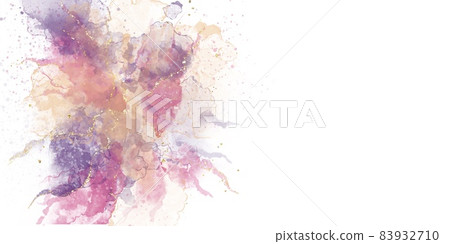 Alcohol ink art radiation / abstract background horizontal banner) Orange, purple and pink waves with golden decoration space Spring 83932710