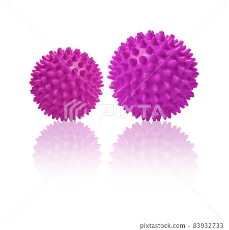 Two pink spiny massage balls isolated on white. Concept of physiotherapy or fitness. Closeup of a colorful rubber ball for dog teeth on a white color background. Corona virus model. Snowflake. 83932733
