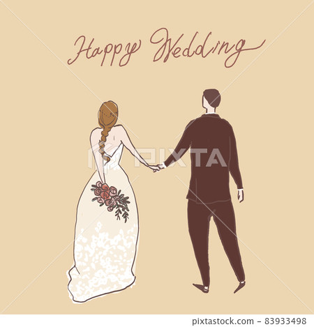 Back view of bride and groom holding hands, wedding, marriage, B 83933498
