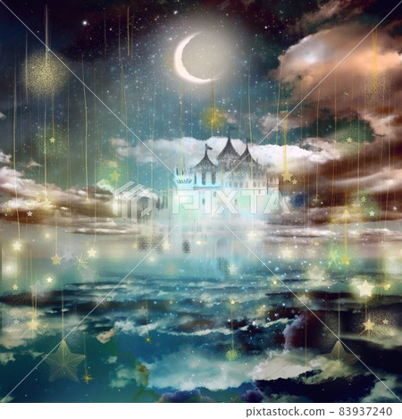 童話城堡、月亮和星空的幻想插圖反映在海面上 83937240