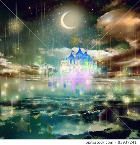 童話城堡、月亮和星空的幻想插圖反映在海面上 83937241