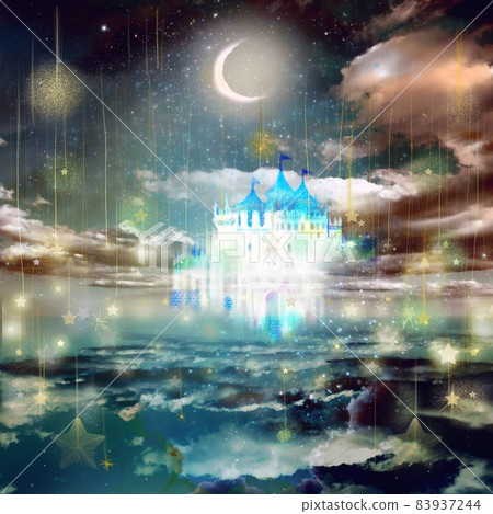 A fantasy illustration of a fairy tale castle, the moon and the starry sky reflected on the surface of the sea 83937244
