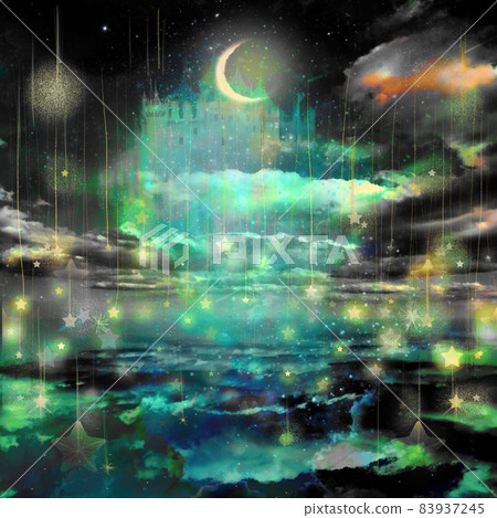 童話城堡、月亮和星空的幻想插圖反映在海面上 83937245