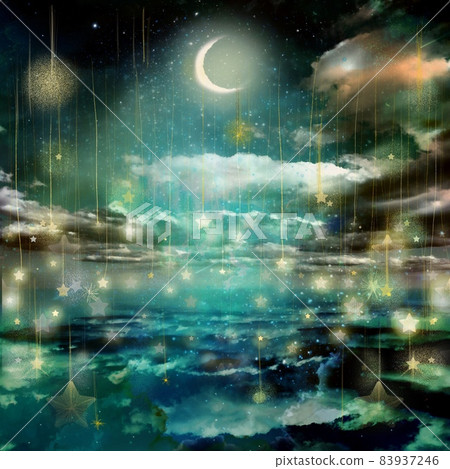 A fantasy illustration of a fairy tale castle, the moon and the starry sky reflected on the surface of the sea 83937246