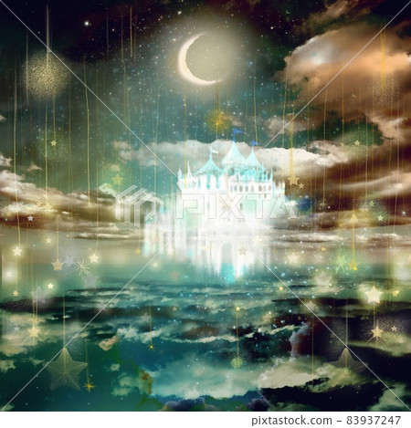 童話城堡、月亮和星空的幻想插圖反映在海面上 83937247