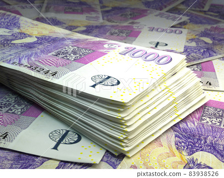 Czech money. Czech koruna banknotes. 1000 CZK Kc bills. 83938526