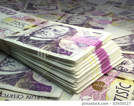 Czech money. Czech koruna banknotes. 1000 CZK Kc bills. Czech money. Czech koruna banknotes. 1000 CZK Kc bills. 83938527