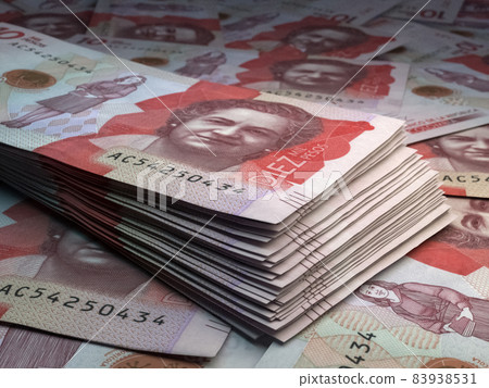Colombian money. Colombian peso banknotes. 10 COP pesos bills. Colombian money. Colombian peso banknotes. 10 COP pesos bills. 83938531