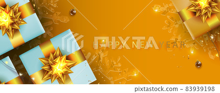 Christmas brown composition, gift boxes with bow, textured snowflakes and shiny balls 83939198