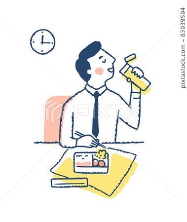 一個商人一邊吃著午餐盒一邊喝著我瓶子裡的飲料 83939594