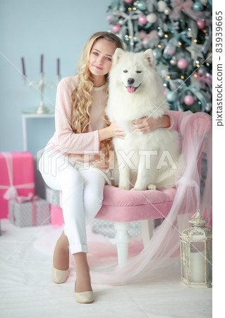 A curly-haired blonde with a best and faithful friend a purebred dog poses in a New Year's decorated studio 83939665