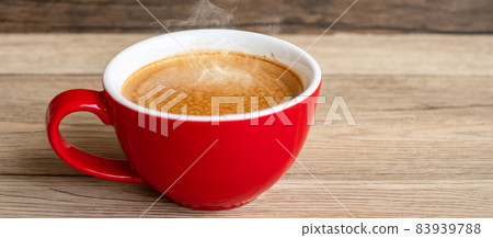 Hot espresso coffee on table, Red coffee cup in cafe or home.Top view with blank copy space for your text. 83939788