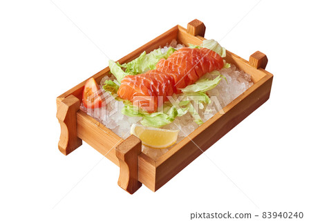 Overhead View on Salmon Sashimi on Wood Basket isolated 83940240