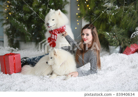 A young girl with a dog near the Christmas tree A young girl with a dog near the Christmas tree 83940634
