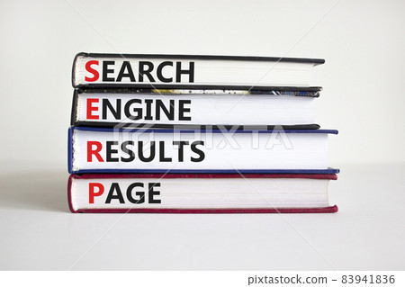 SERP symbol. Abbreviation SERP search engine results page on books. Beautiful white background. Copy space. Business and SERP search engine results page concept. SERP symbol. Abbreviation SERP search engine results page on books. Beautiful white background. Copy space. Business and SERP search engine results page concept. 83941836