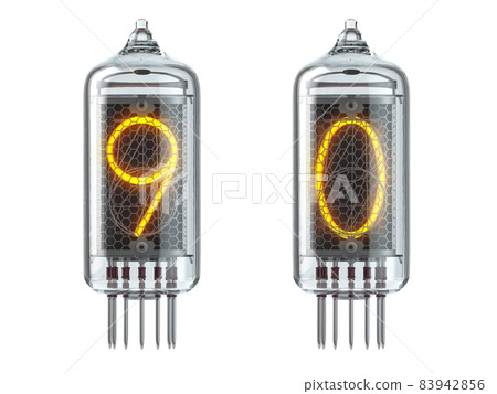 Nixie tube indicator isolated on white. Number 9 nine and 0 zero. 83942856