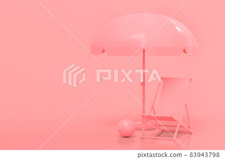 Beach chair with umbrella and beach ball on monochrome pink background. 3D render of summer vacation concept 83943798