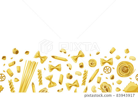 Various macaroni seamless background. Italian cuisine. Homemade pasta. Decor of the restaurant menu. Vector cartoon illustration. 83943917