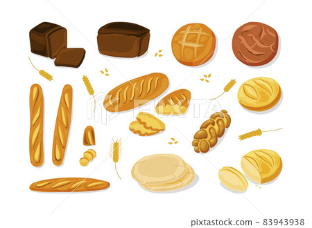 Bread. Various bakery products - french Baguette and challah, pita.Vector cartoon icon set. Vector illustration 83943938