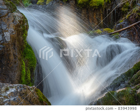 Cascades of a waterfall in a green mountain forest close up. Nature background of turbulent falling water stream on wet rocks. Water jets are illuminated by the sun. 83943998