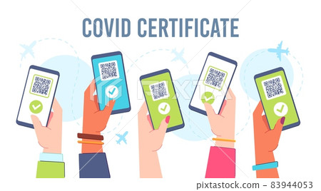 Hands with phone digital covid 19 certificate, vaccine green pass. Health vaccination online passport 83944053