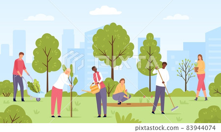 Flat ecology volunteers planting trees and flowers in city park. Public community do spring gardening. People work in garden vector scene 83944074