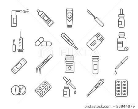 Line medical drug, vaccines, bottles and pills icons. Syringe and ampoule, aerosol, nasal spray, capsule and cream tube. Medicine vector set 83944079